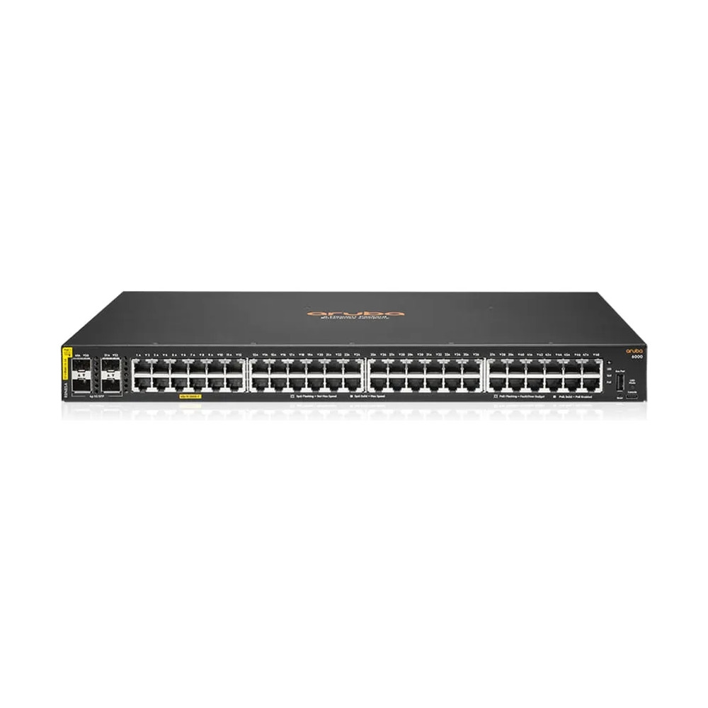 Switch Aruba modelo R8N85A serie 6000 con 48 puertos PoE de 370W y 4 puertos SFP mostrado de frente para redes empresariales en Colombia