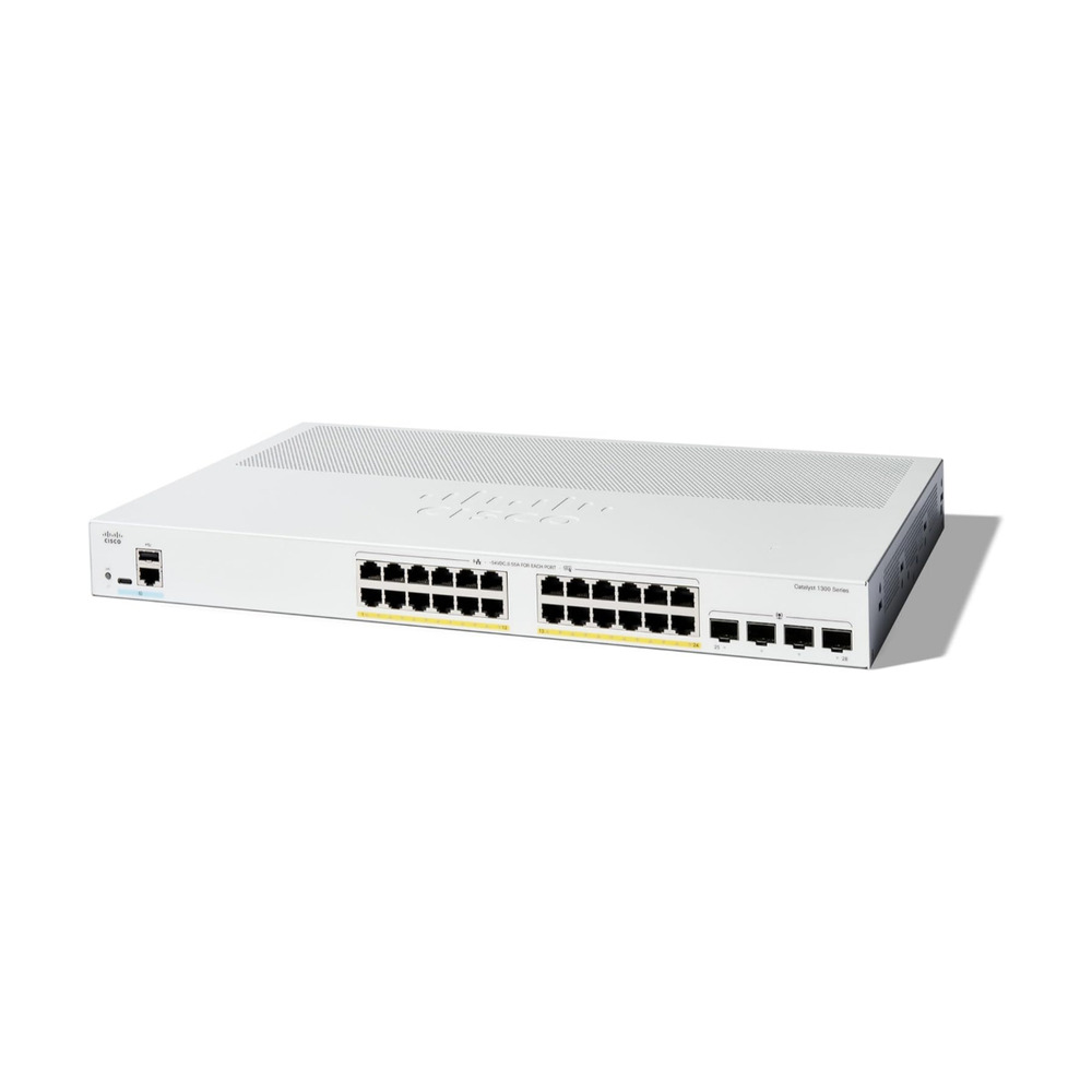 Switch Cisco Catalyst C1300-24P-4G con 24 puertos PoE y 4 puertos SFP en vista frontal mostrando conexiones de red