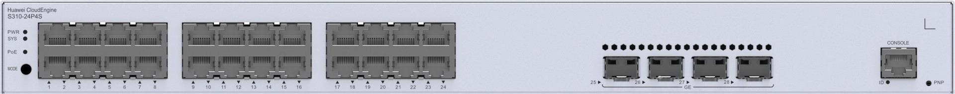 Frontal del switch Huawei Networking modelo 98012201 con 24 puertos 10/100/1000BASE-T y 4 puertos GE SFP con soporte PoE+ de 370W