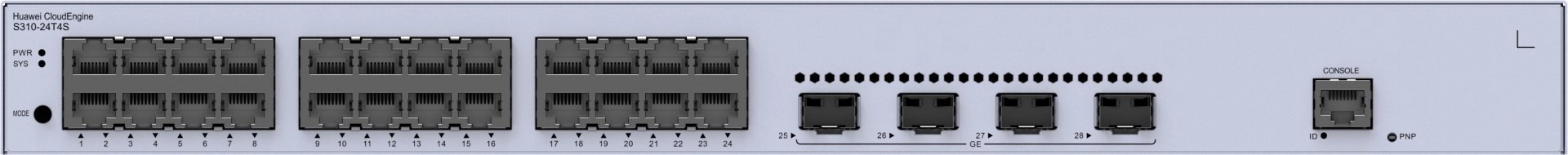 Switch Huawei Networking modelo 98012202 con 24 puertos 10/100/1000BASE-T y 4 puertos GE SFP en vista frontal mostrando los puertos