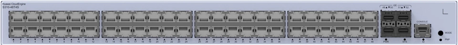 Frontal del switch Huawei Networking modelo 98012203 con 48 puertos 10/100/1000BASE-T y 4 puertos GE SFP para conexiones de red