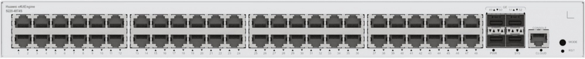 Vista frontal del switch Huawei Networking modelo S220-48T4S con 48 puertos 10/100/1000BASE-T y 4 puertos GE SFP para conexiones de red en Colombia