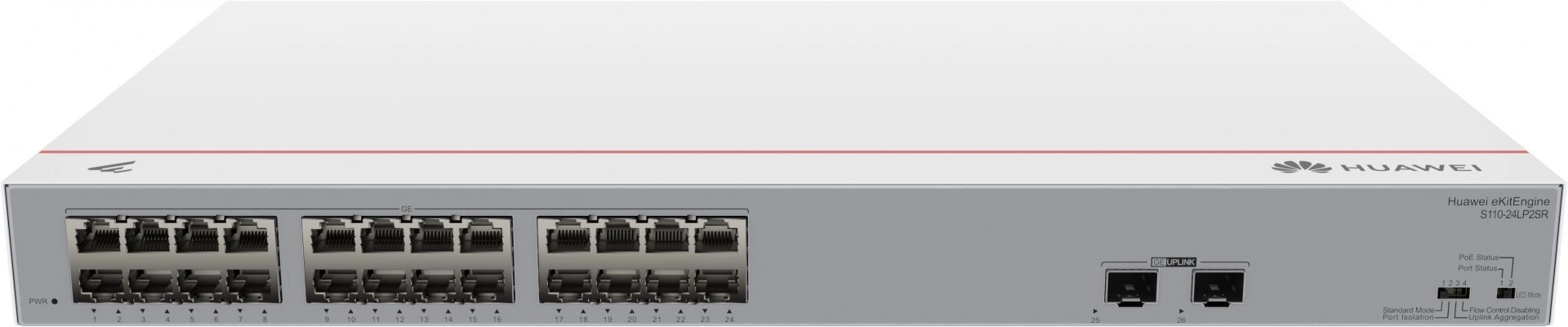 Switch Huawei modelo S110-24LP2SR con 24 puertos 10/100/1000BASE-T y 2 puertos GE SFP en vista frontal para redes con PoE+