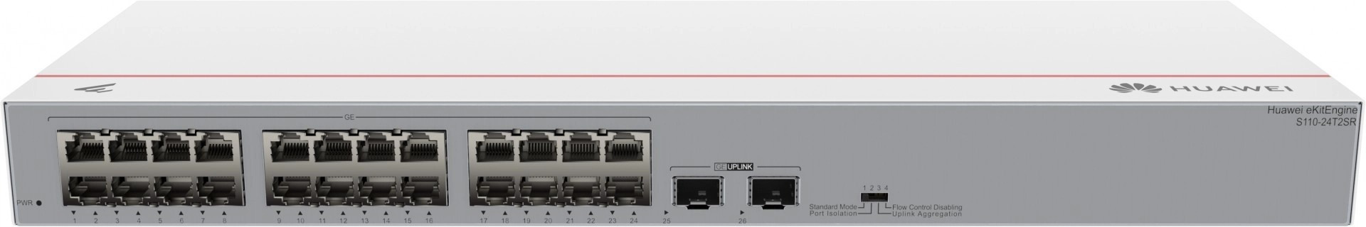 Frontal del switch Huawei S110-24T2SR con 24 puertos 10/100/1000BASE-T y 2 puertos GE SFP para conexiones de red en Bogotá Colombia