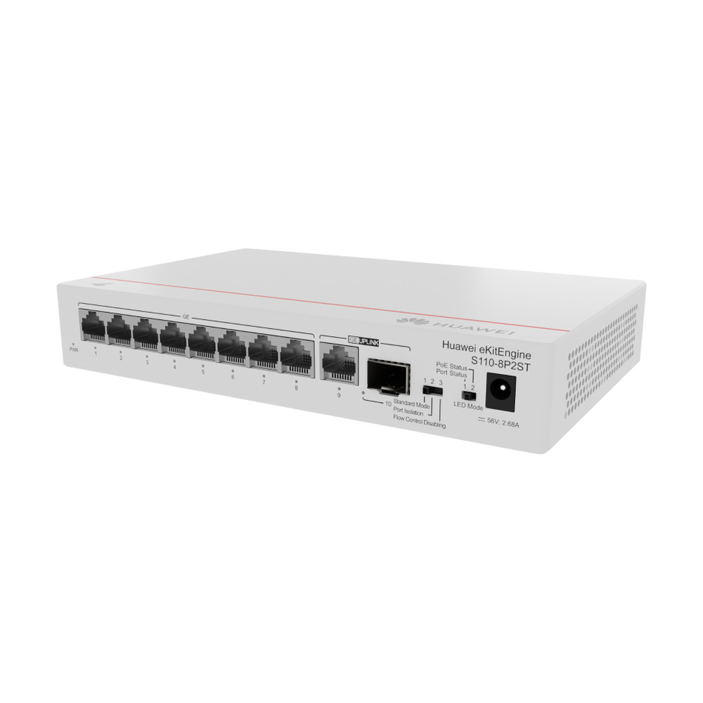 Switch Huawei S110-8P2ST con 8 puertos PoE+, 1 puerto GE SFP y 1 puerto 10/100/1000BASE-T en vista frontal mostrando sus conexiones