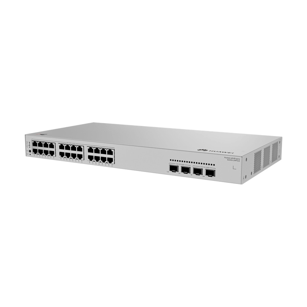 Switch Huawei S220S-24P4JX con 24 puertos PoE+ 400W, 2 puertos SFP+ 10GE y 2 puertos SFP 2.5GE vista frontal