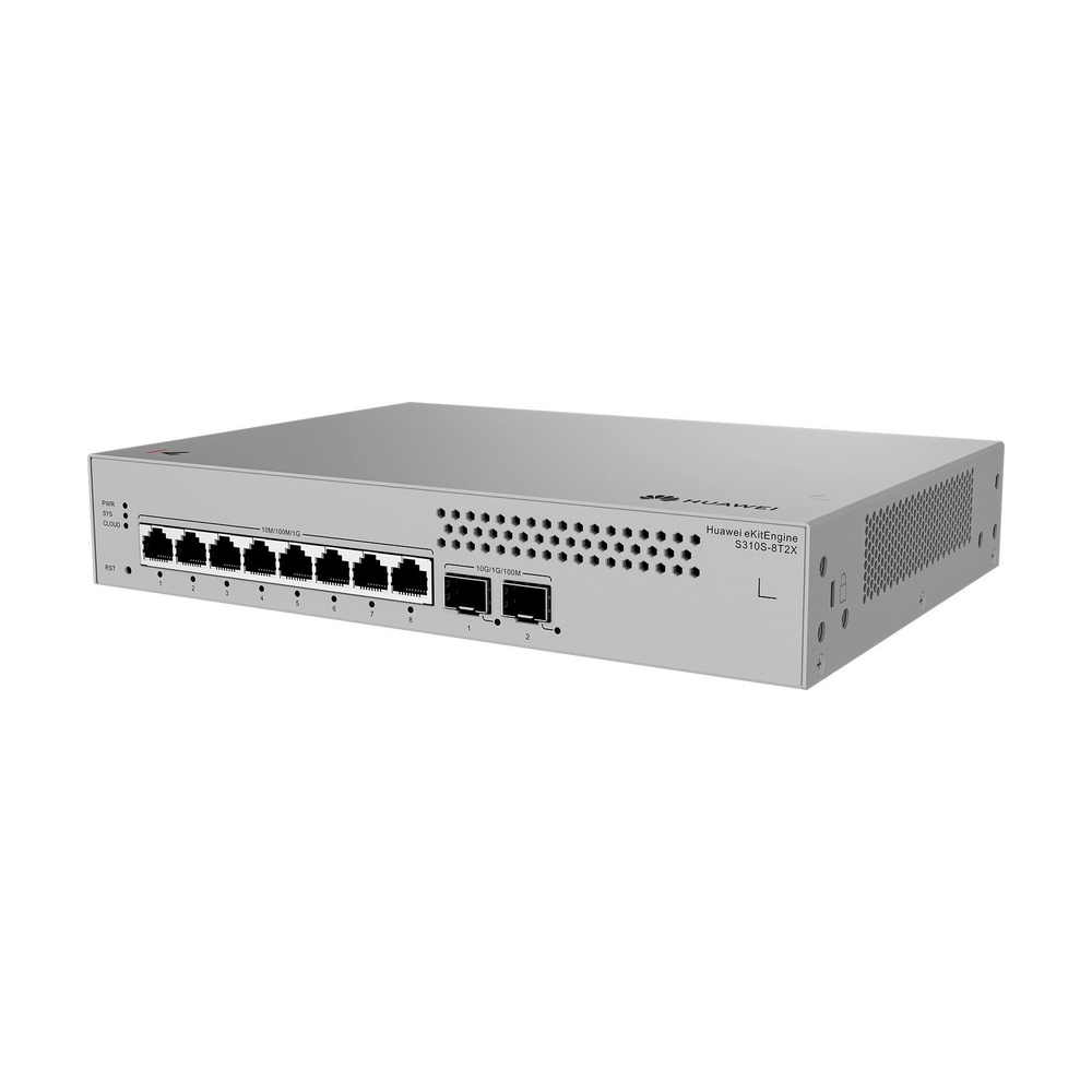 Switch Huawei S310S-8T2X con 8 puertos 10/100/1000BASE-T y 2 puertos 10GE SFP+ en vista lateral sin ventilador ideal para redes empresariales