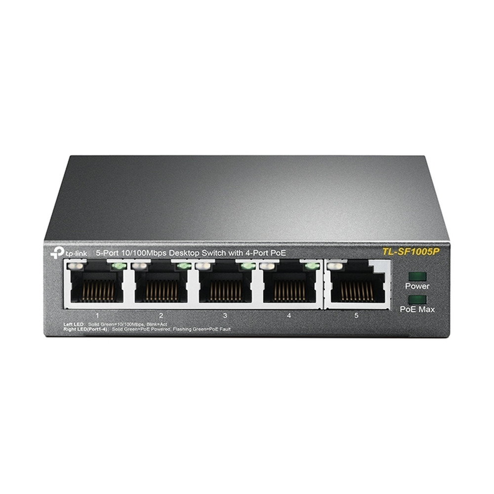 Switch TP-LINK TL-SF1005P de escritorio con 5 puertos PoE 10/100 Mbps en vista frontal mostrando los conectores y luces indicadoras