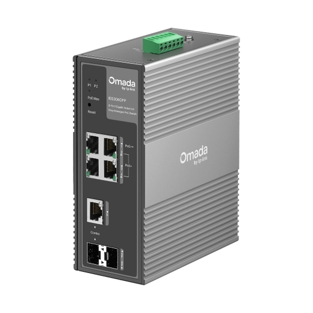 Switch industrial Tplink Omada modelo IES206GPP con 6 puertos Gigabit PoE+ y 2 puertos SFP en vista frontal