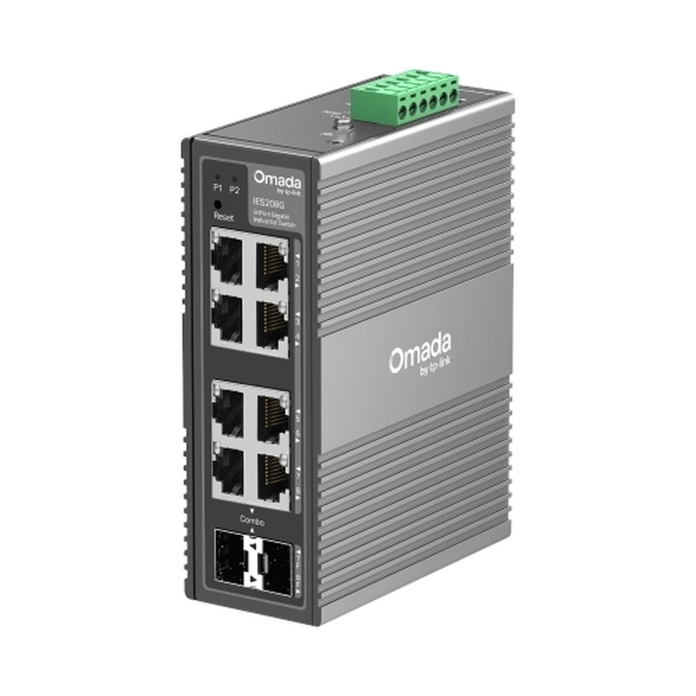 Switch Tplink Omada IES208G industrial con 8 puertos PoE+ y 2 puertos SFP en vista frontal para redes gigabit