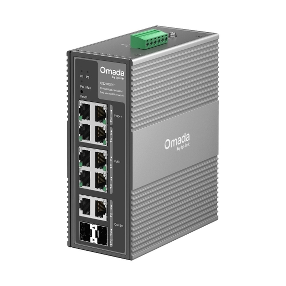 Switch industrial Tplink Omada IES210GPP con 10 puertos Gigabit PoE+ y 2 puertos SFP en vista frontal