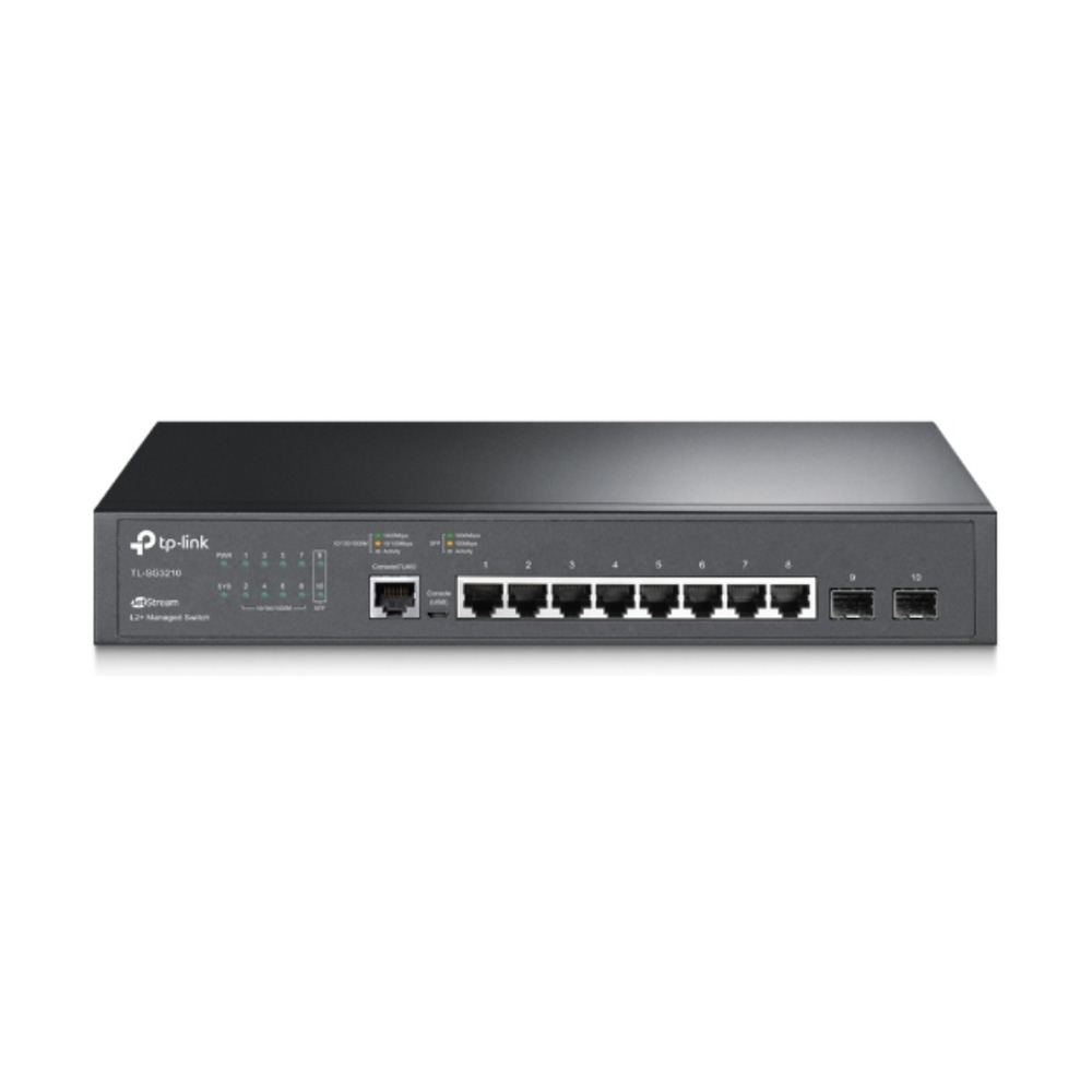 Switch TP-Link JetStream modelo SG3210 con 8 puertos Gigabit y 2 puertos SFP en vista frontal para redes profesionales