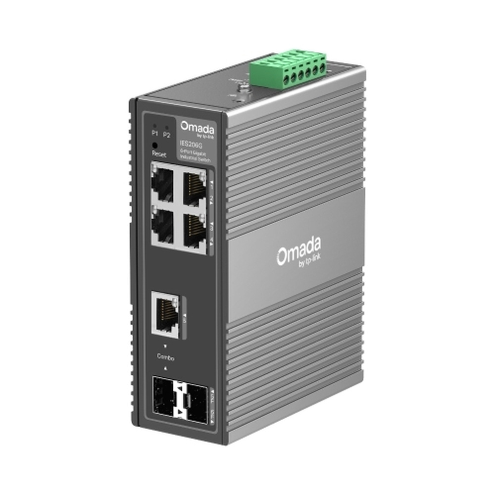 Switch industrial Tplink Omada IES206G con 6 puertos Gigabit PoE+ y 2 puertos SFP en vista frontal para redes avanzadas