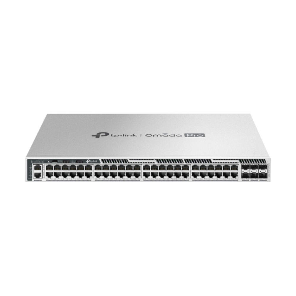 Switch Tp-link Omada Pro modelo S6500-48GP6XF con 48 puertos Gigabit PoE en vista frontal para redes empresariales