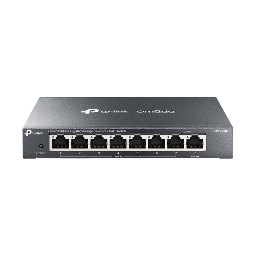 Switch Tplink Omada RP108GE con 8 puertos Gigabit PoE administrable para escritorio mostrando vista frontal con puertos de red