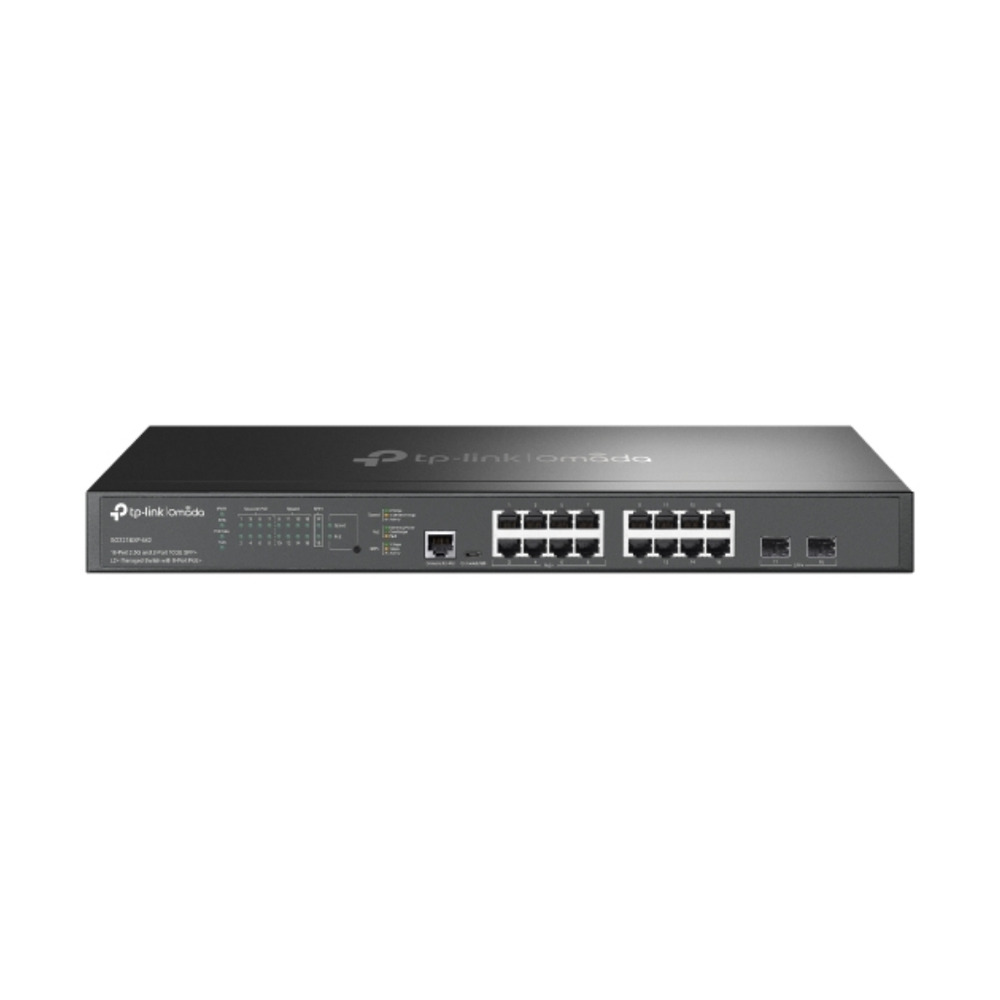 Switch Tp-link Omada modelo SG3218XP-M2 con 16 puertos PoE+ administrable en vista frontal mostrando puertos y luces indicadoras