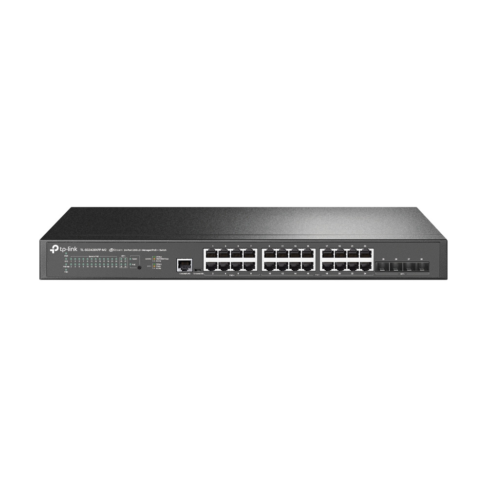 Switch Tp-link Omada SG3428XPP-M2 JetStream administrable con 28 puertos y 8 puertos PoE en vista frontal