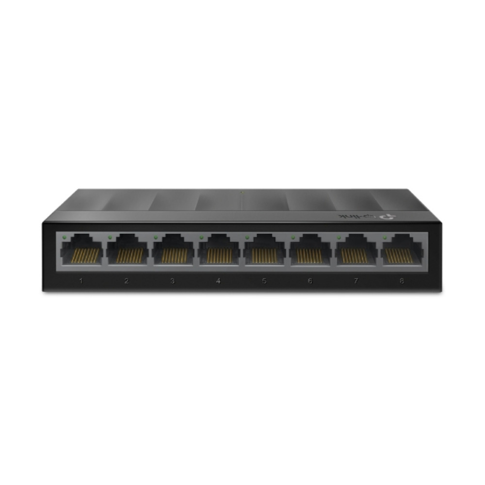 Switch TP-LINK PRINCIPAL modelo LS1008G de escritorio con 8 puertos Ethernet en vista frontal para conexiones de red