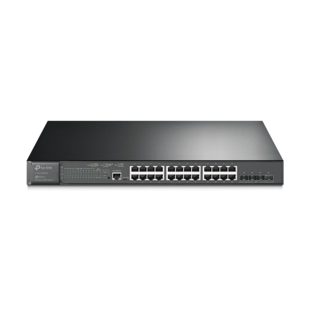 Switch Tp-link SG3428XMP Gigabit administrable con 24 puertos PoE en vista frontal mostrando sus conexiones y luces indicadoras