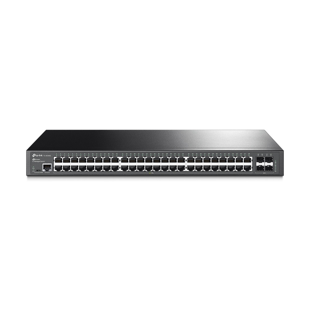 Switch Tp-link SG3452 Gigabit administrable con 48 puertos PoE+ mostrado de frente con todos sus puertos visibles para redes empresariales