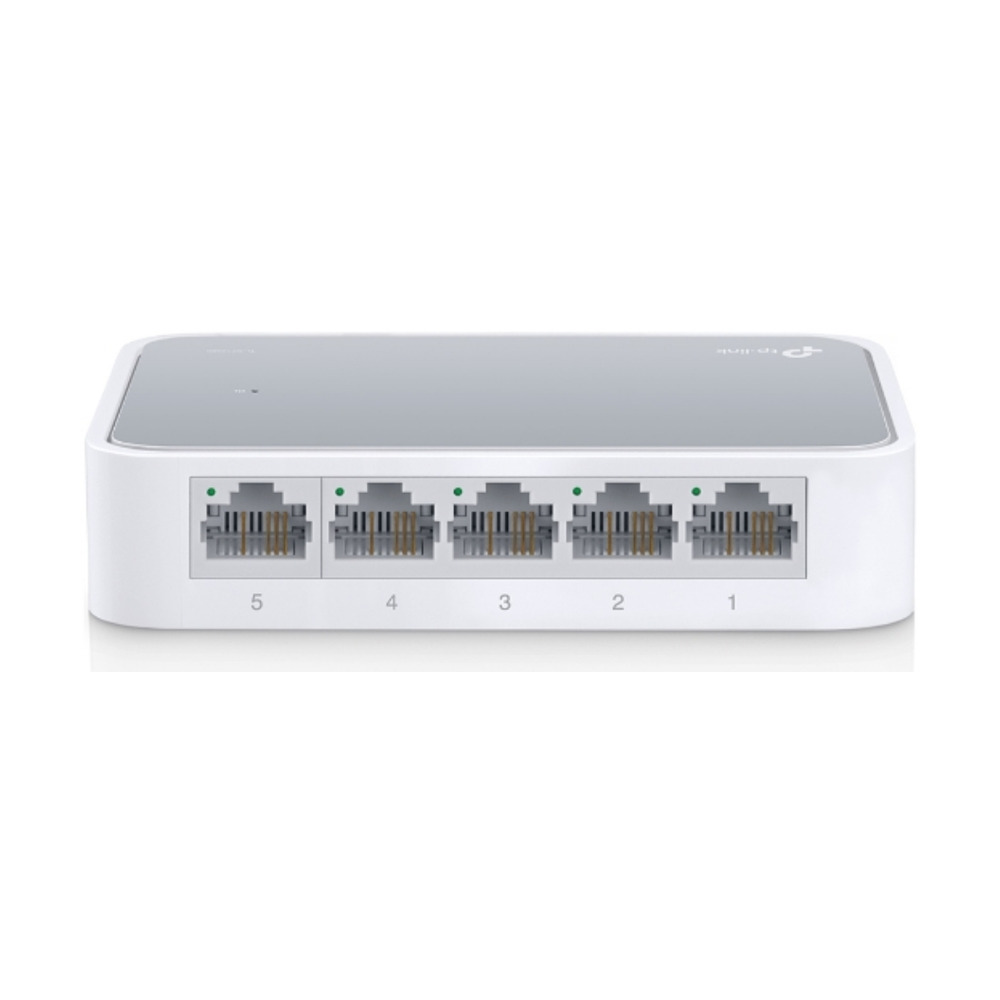 Switch TP-LINK TL-SF1005D con 5 puertos 10/100Mbps no administrable mostrado de frente con puertos para conexiones de red