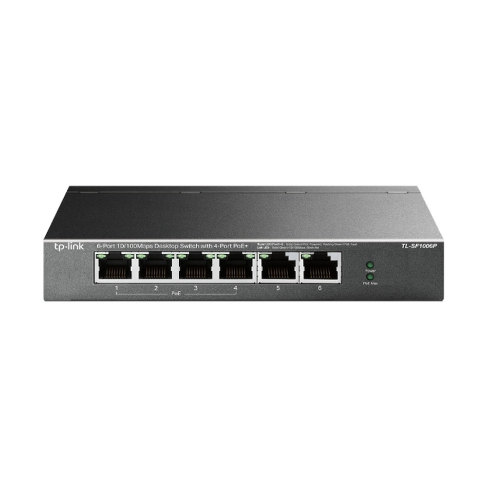 Switch Tplink TL-SF1006P con 6 puertos PoE no administrable para escritorio mostrando su panel frontal con puertos de red y luces indicadoras