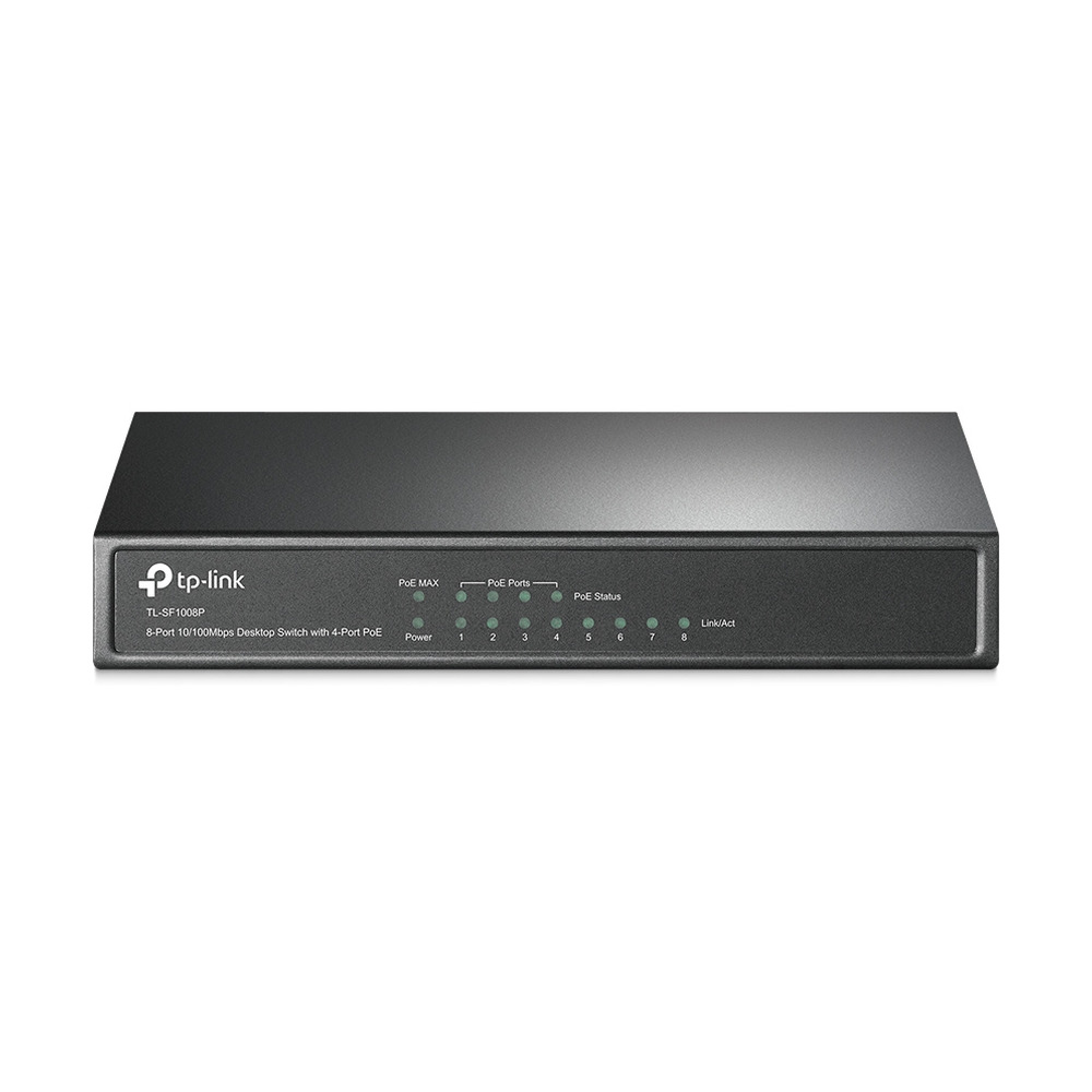 Switch Tp-link TL-SF1008P de escritorio con 8 puertos PoE no administrable mostrando su panel frontal con indicadores led
