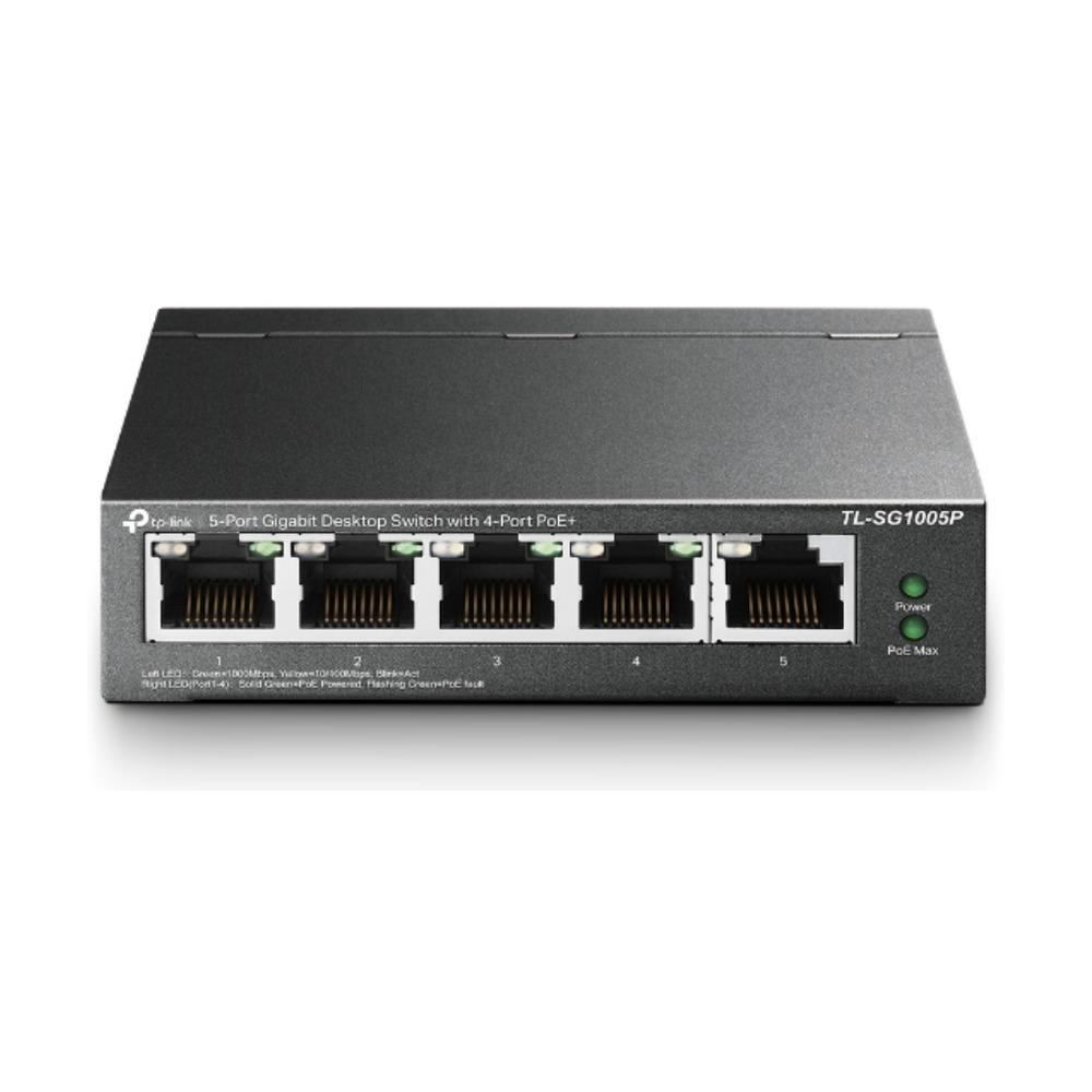 Switch TP-Link TL-SG1005P de 5 puertos Gigabit con 4 puertos PoE+ mostrando la parte frontal con conexiones y luces indicadoras