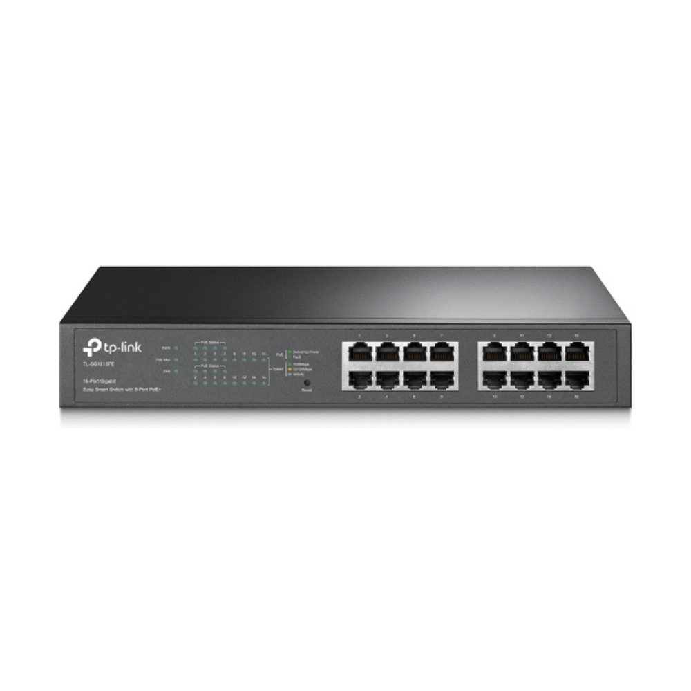 Switch TPLINK TL-SG1016PE Easy Smart de 16 puertos Gigabit con 8 puertos PoE+ mostrando el panel frontal con indicadores LED de estado y puertos
