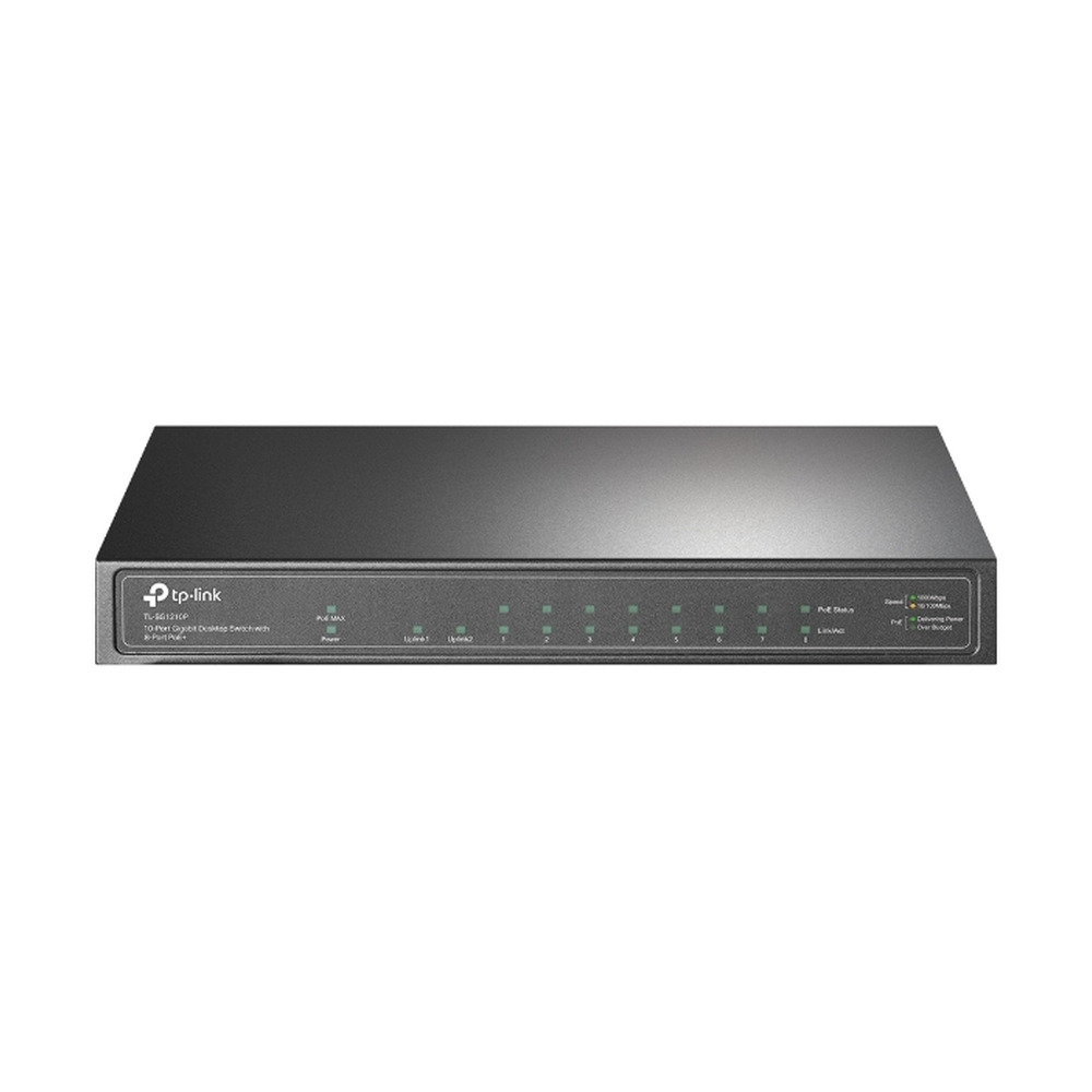 Switch TPLINK TL-SG1210P de 10 puertos PoE Gigabit con 1 puerto SFP mostrando panel frontal con indicadores LED de estado y actividad