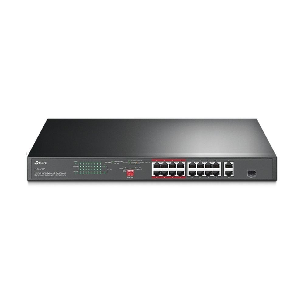 Switch Tplink TL-SL1218P Gigabit con 16 puertos PoE+ para montaje en rack mostrando vista frontal con puertos y luces indicadoras