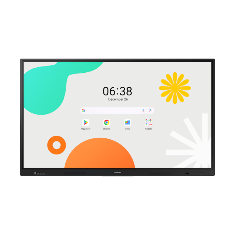 Tablero interactivo Samsung modelo LH65WAFWLGCXZX de 65 pulgadas con resolución 4K y sistema Android 14 en vista frontal