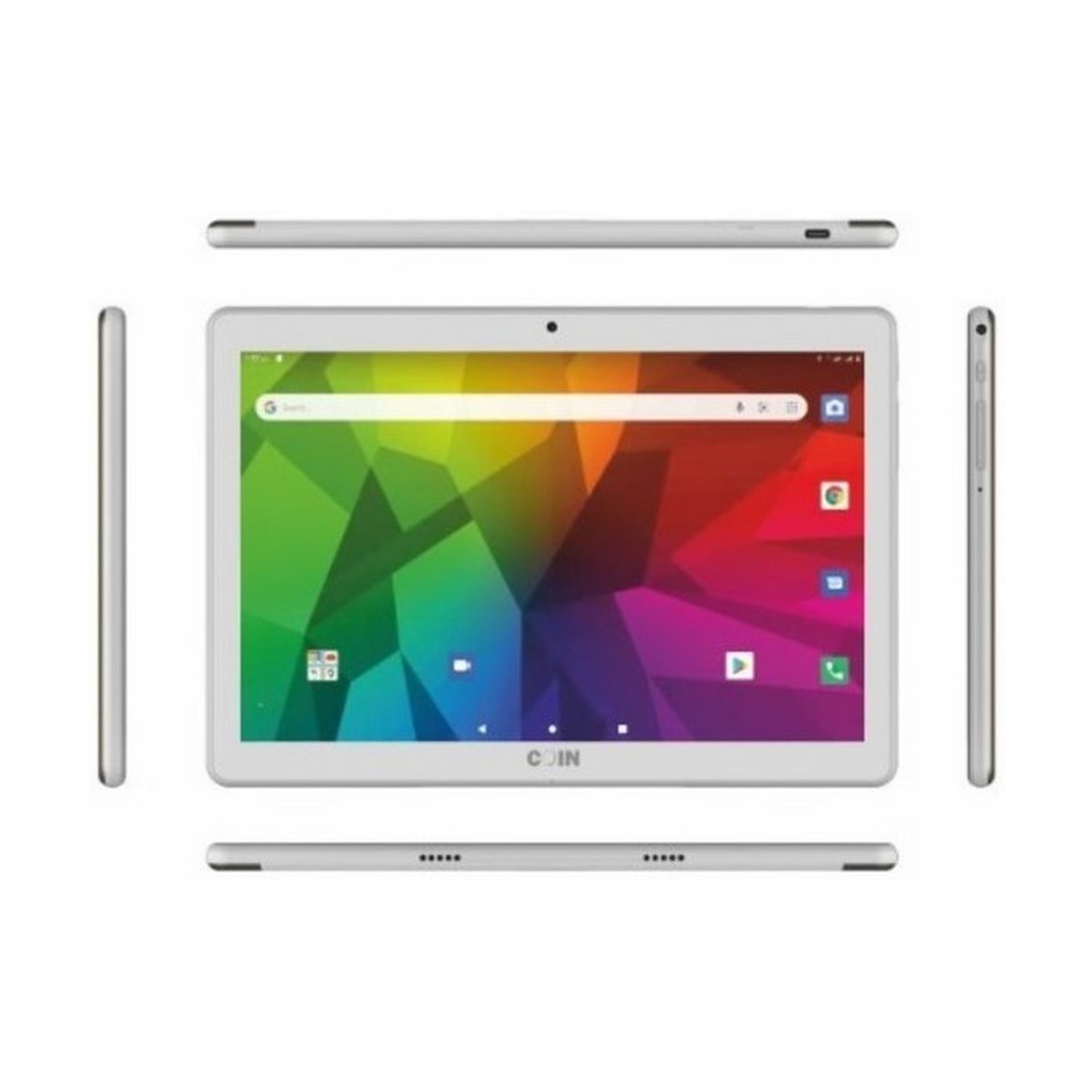 Tablet COIN modelo 1100AS con 64GB de almacenamiento y 3GB de RAM en color dorado vista frontal y laterales mostrando diseño y pantalla de 10.1 pulgadas