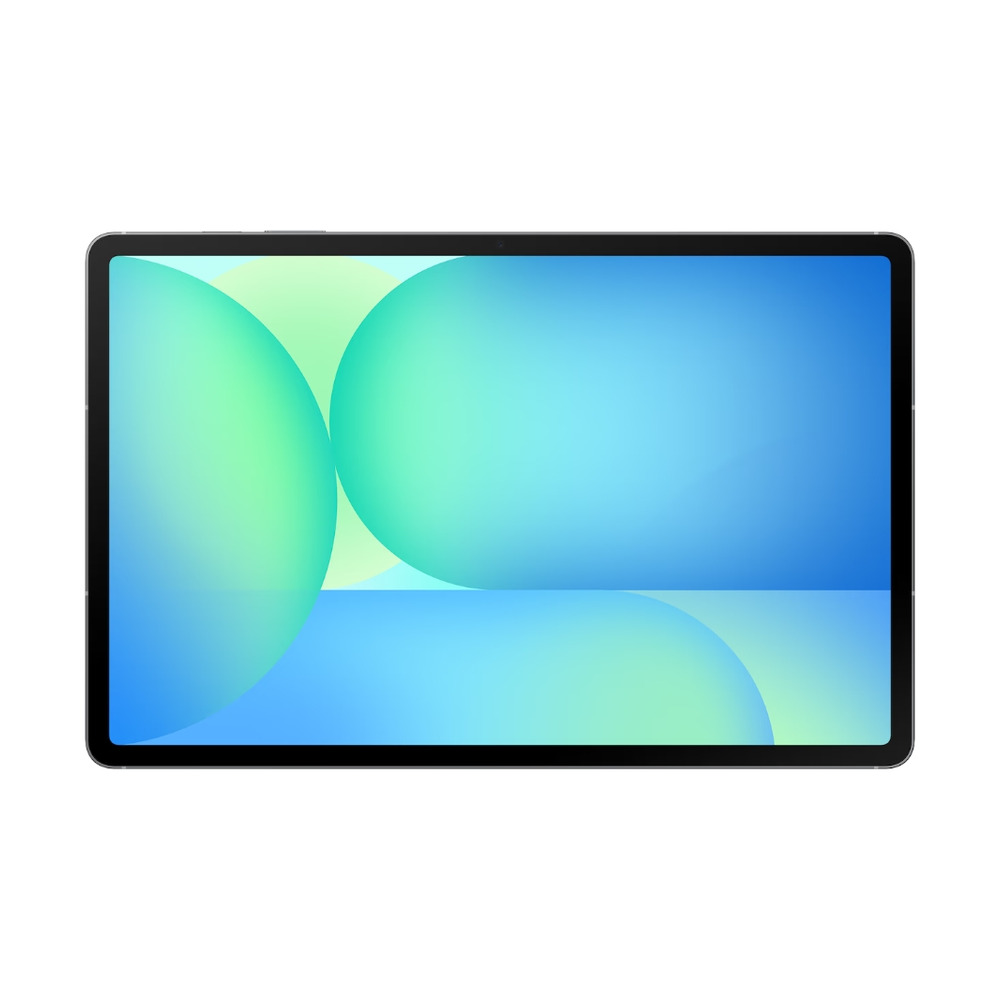 Tablet Samsung Galaxy S10 FE Plus de 13 pulgadas en color gris con pantalla encendida y bordes delgados