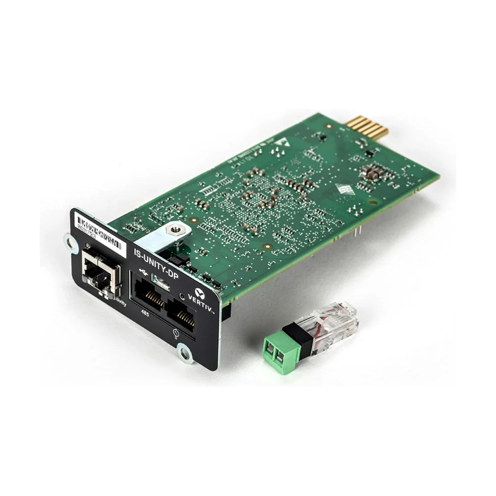 Tarjeta de monitoreo Vertiv IntelliSlot modelo IS-UNITY-DP con conectores y puertos para gestión y control de sistemas UPS