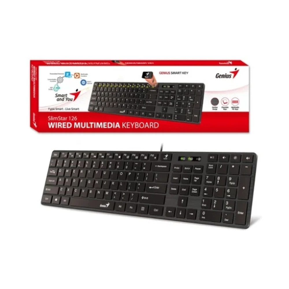 Teclado alámbrico Genius SlimStar 126 color negro con diseño compacto y multimedia junto a su caja original