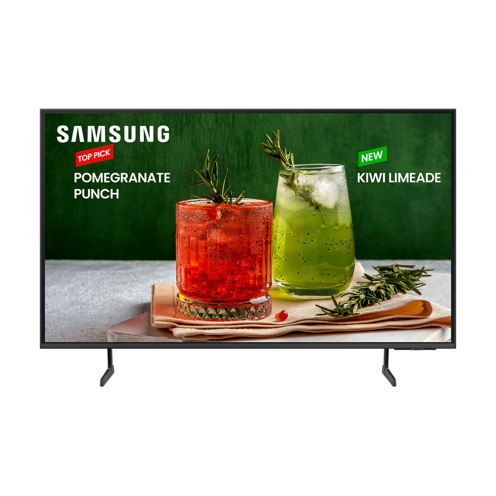 Televisor Samsung modelo LH85BEHHVGKZL de 85 pulgadas 4K UHD con brillo de 300 nits y Smart TV en uso frontal