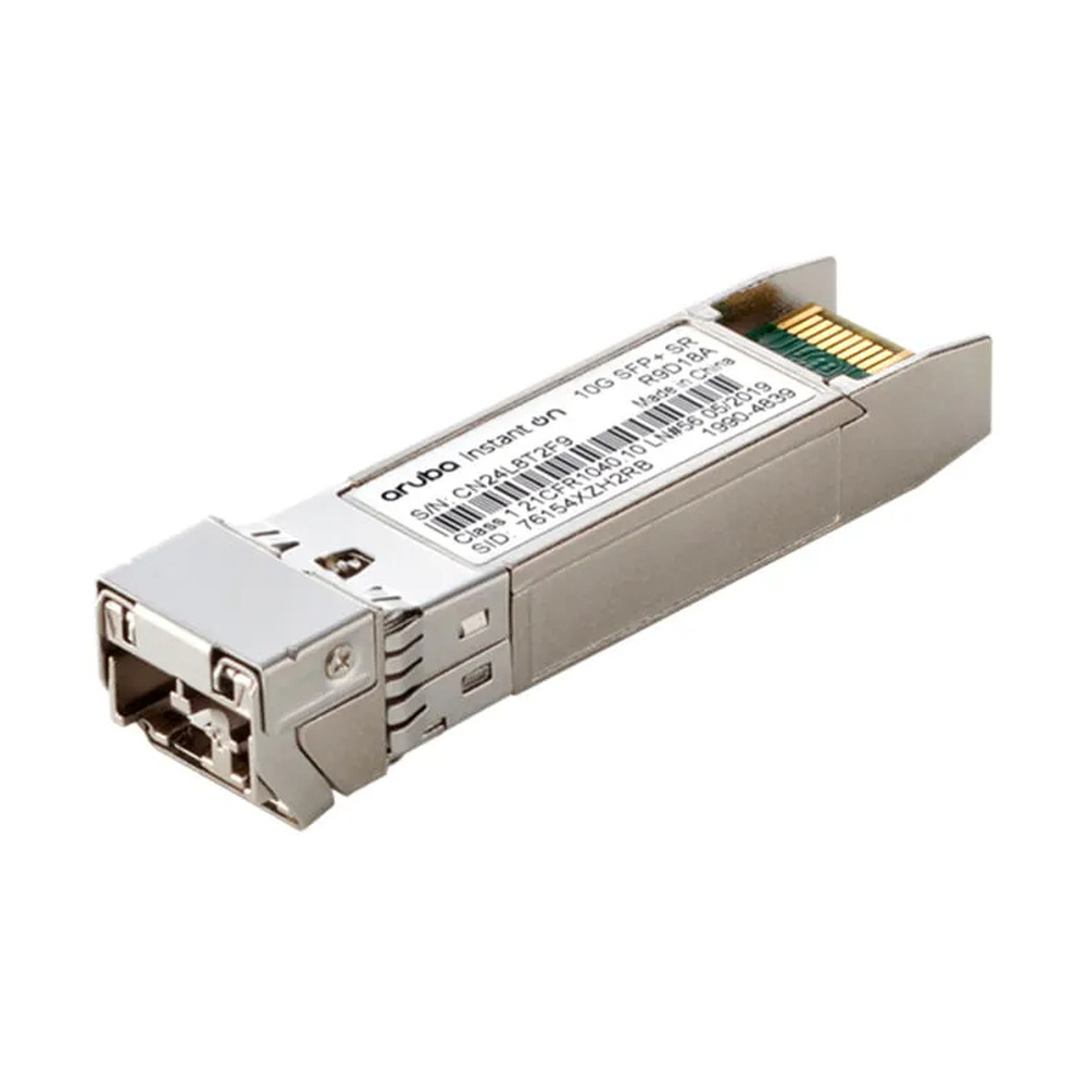 Transceptor SFP+ Aruba Ion 10G modelo R9D18A con conector LC para fibra multimodo y alcance de 300 metros
