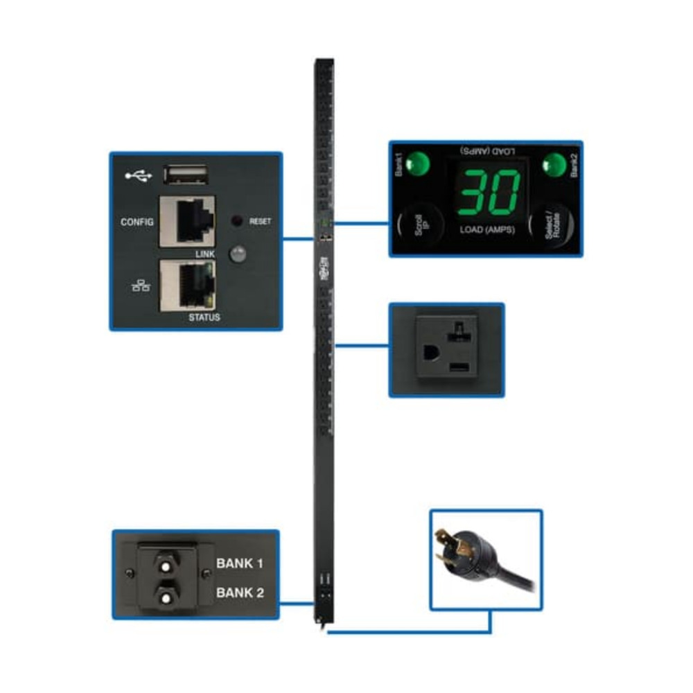 Unidad de distribución PDU Eaton modelo PDUMNV30LX monofásico 2.9kW con detalle de puertos, medidor de carga y conexiones