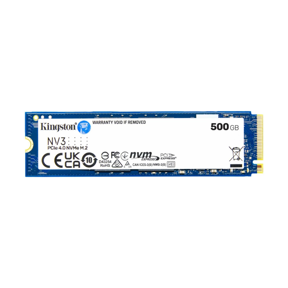 Unidad de estado sólido Kingston SNV3S 500GB PCIe NVMe M.2 vista frontal con etiqueta y especificaciones visibles