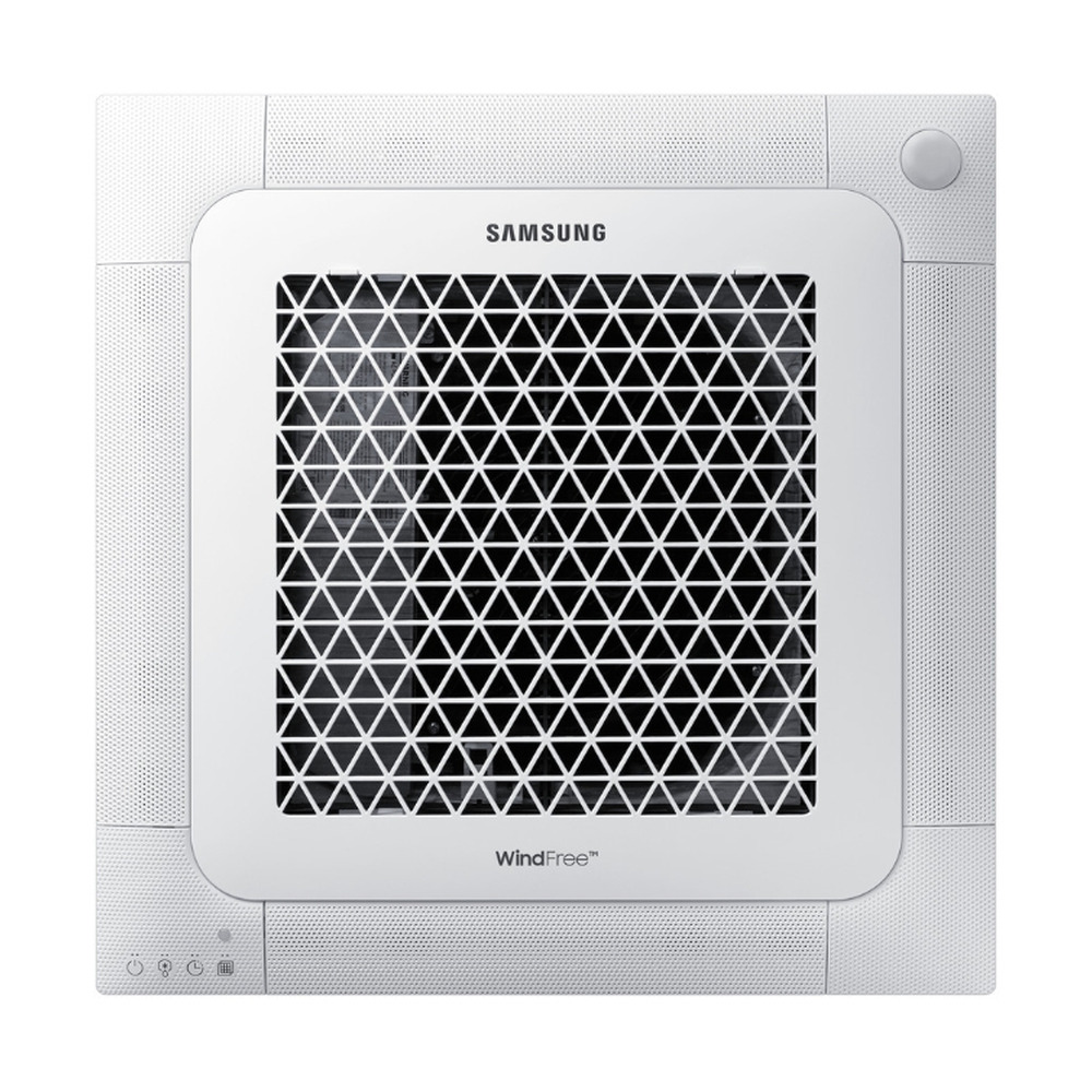 Unidad interior Samsung Cassette 4 vías Mini Wind Free 5,000 BTU 220V vista frontal con diseño moderno y rejilla triangular