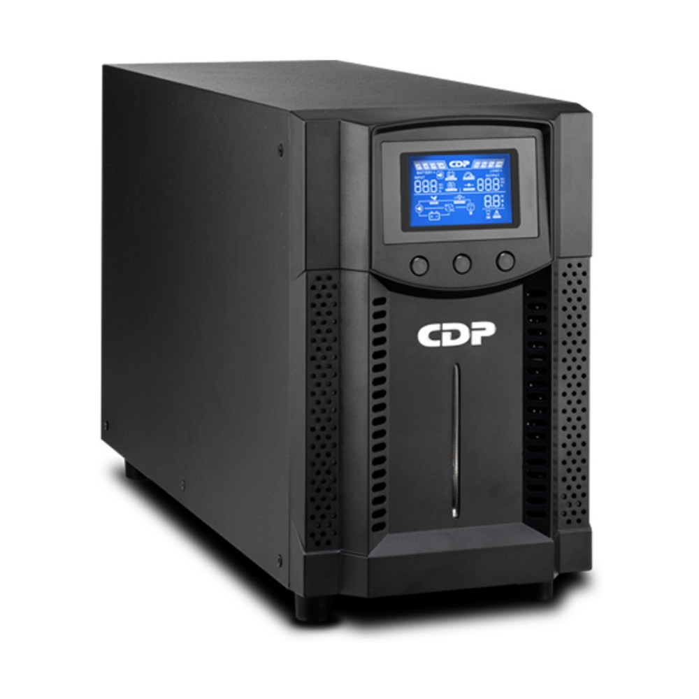 UPS CDP modelo UPO11-1.5AX online de doble conversion con capacidad de 1.5kVA y 1000W en torre color negro con pantalla frontal azul